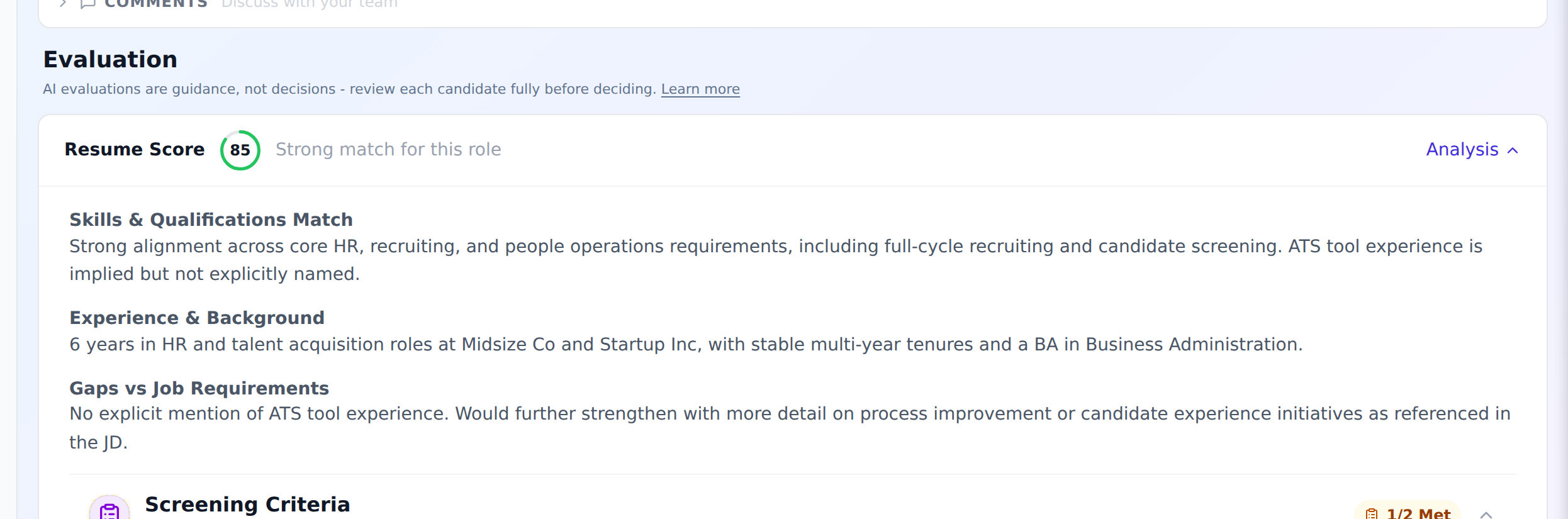 VeraHire resume score with reasoned explanation